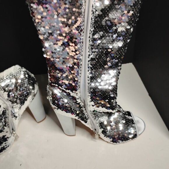 KHPAERMEI Sexy Sparkly Size 8 Thigh High Boots Open Toe Chunky Heel - Picture 11 of 16